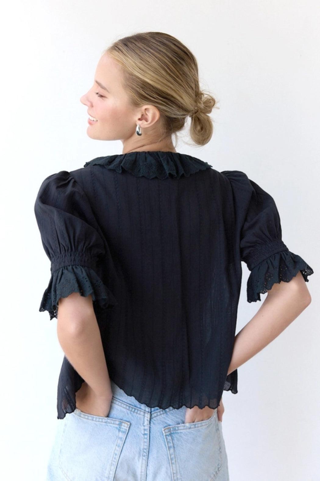 Eyelet V-Neck Ruffle Blouse Product Image