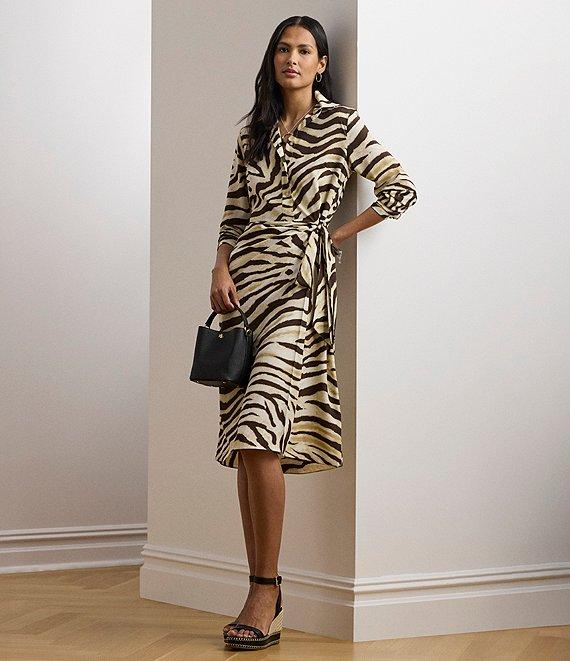 Lauren Ralph Lauren Zebra Crepe De Chine Point Collar Tie Front Faux Wrap Dress Product Image