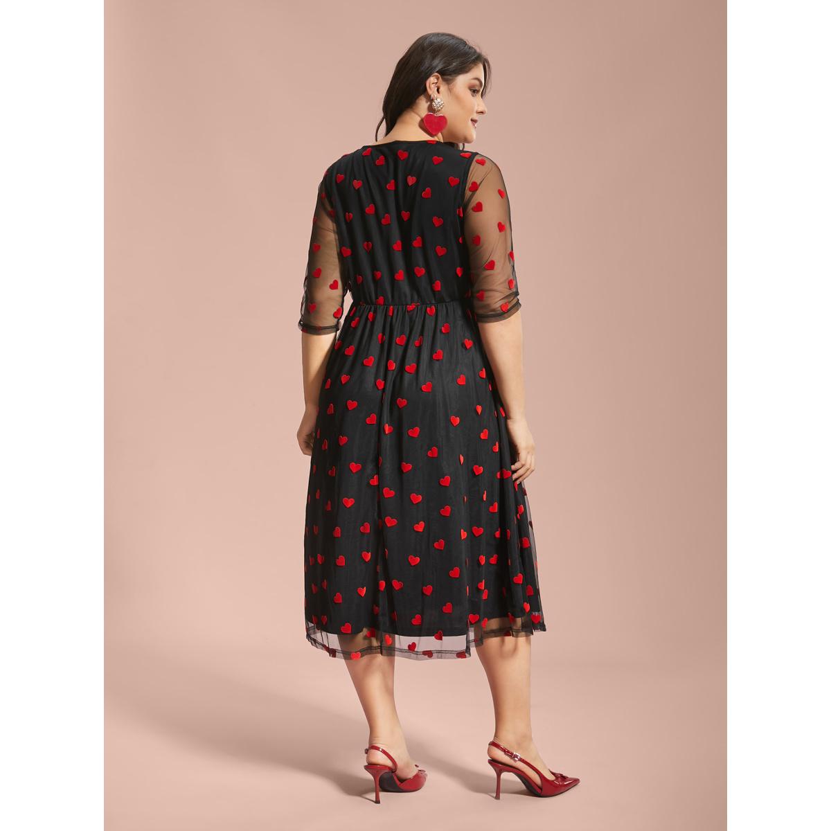 Plus Size Flocking Heart Mesh Patchwork Midi Dress Black Women Cocktail Texture Party Curvy Bloomchic 12/L Product Image