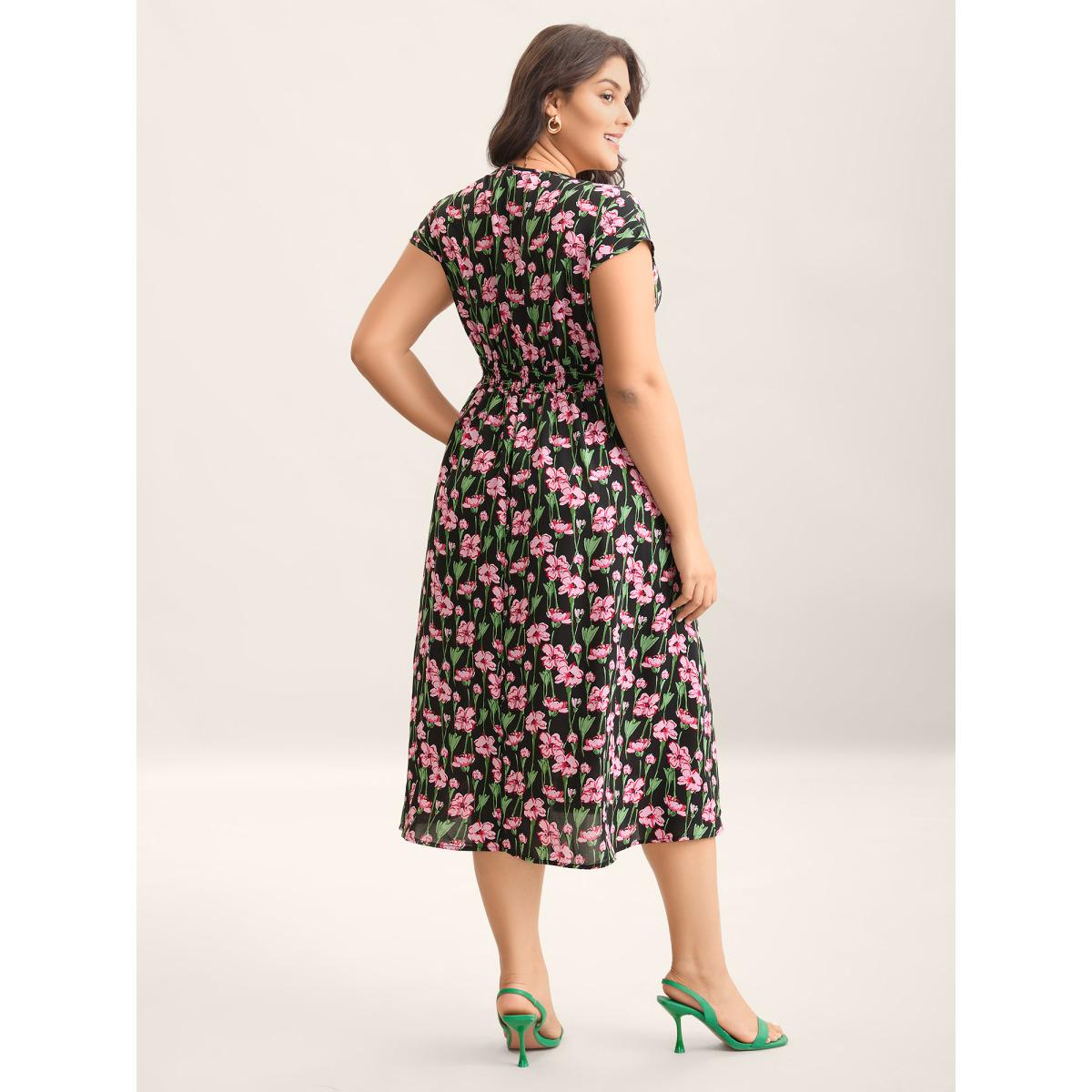 Plus Size Floral Print Shirred Pleated Midi Dress BlackFlower Women Overlap Collar Cap Sleeve Curvy BloomChic 28/5X Product Image