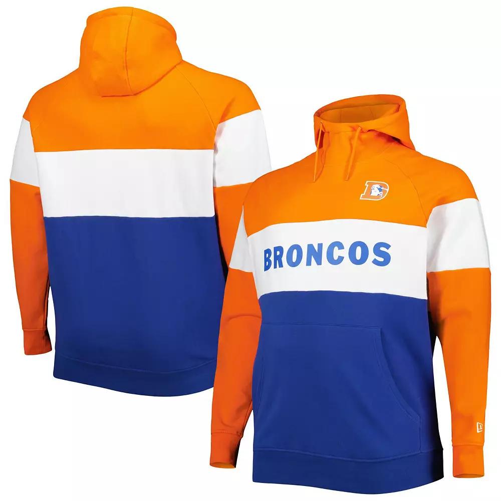 Men's New Era Orange/Royal Denver Broncos Big & Tall Throwback Colorblock Fleece Raglan Pullover Hoodie, Size: 4XB Product Image