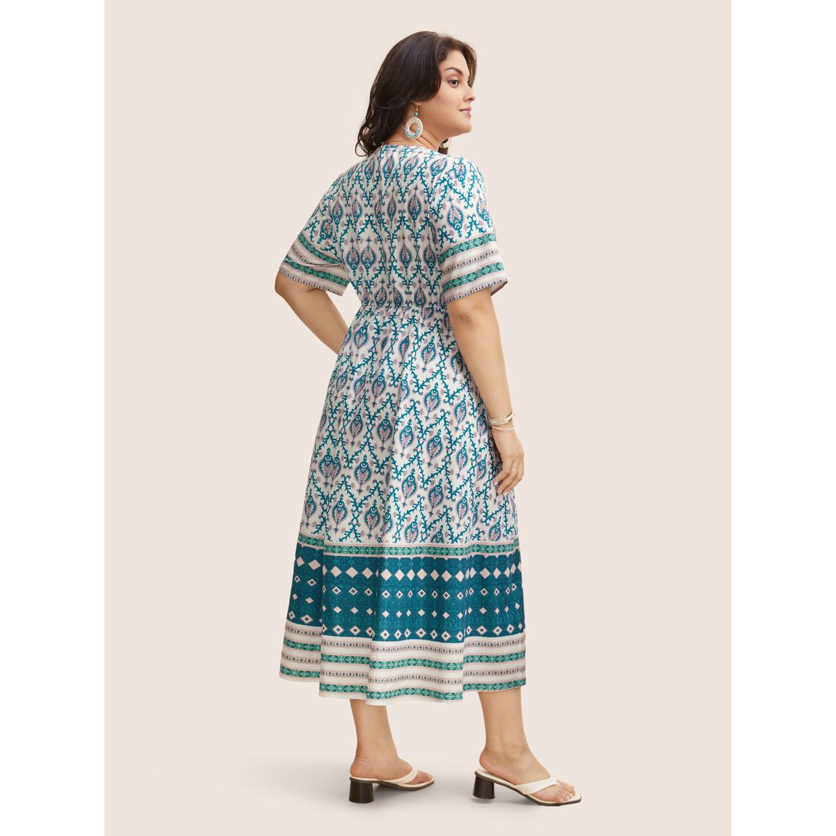 Plus Size V Neck Boho Print Ruffle Sleeve Midi Dress Turquoise Women Resort Non V-neck Short sleeve Curvy BloomChic 18-20/2X Product Image