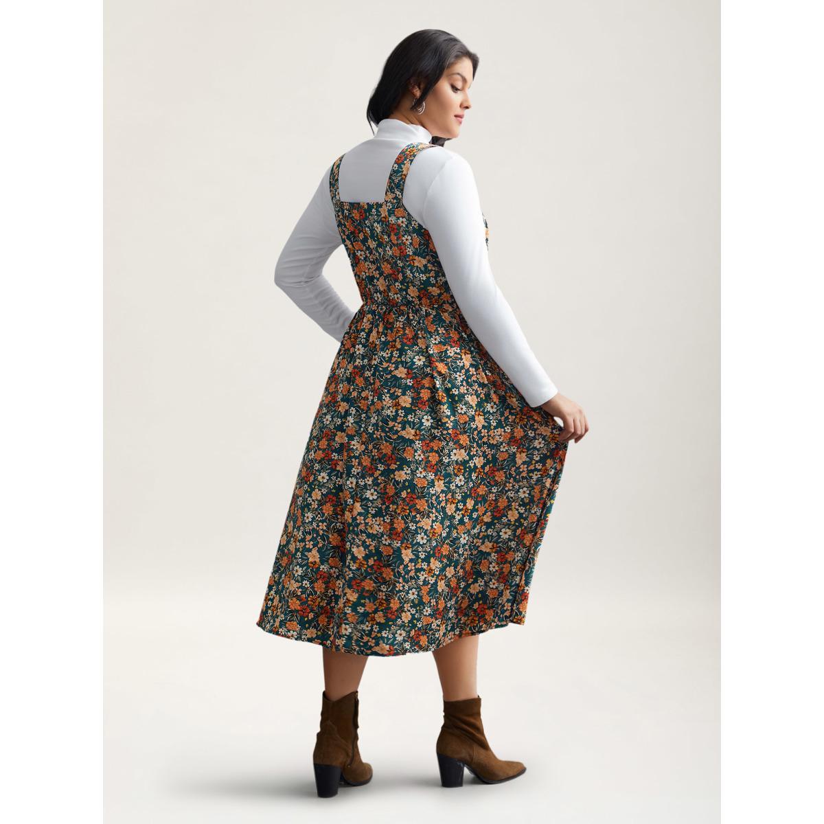 Plus Size Ditsy Floral Adjustable Straps Elastic Waist Dress Teal Women Leisure Gathered Non Sleeveless Curvy BloomChic 12/L Product Image