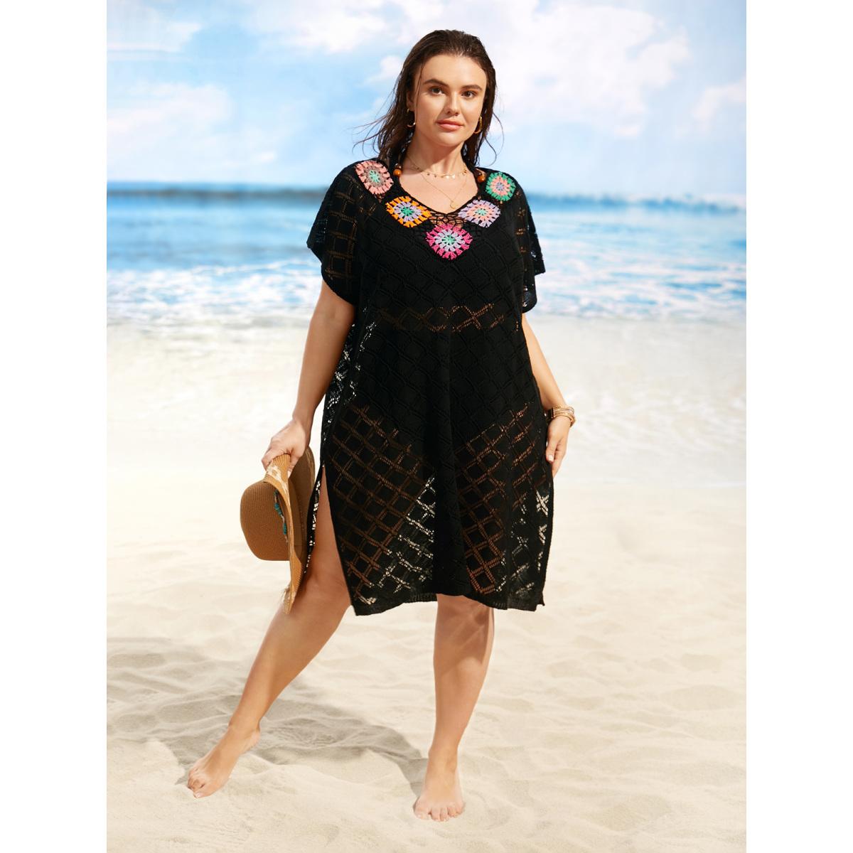 Plus Size Crochet Floral Split Side Dolman Sleeve Swim Cover Up Women's Swimwear Black Beach Loose Crochet Curve Swim Cover Ups BloomChic 28/5X Product Image