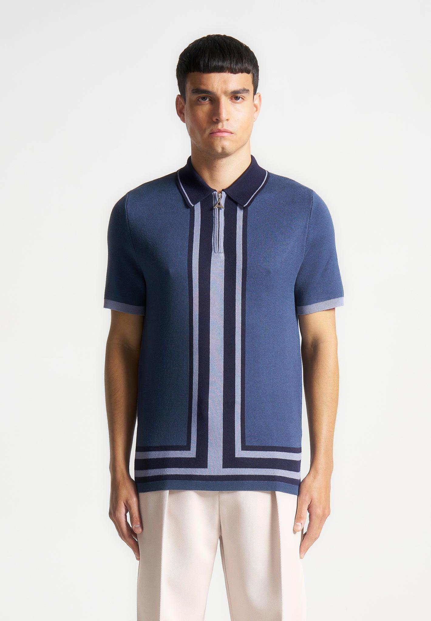 Contrast Border Knit Zip Polo Shirt - Blue Male Product Image