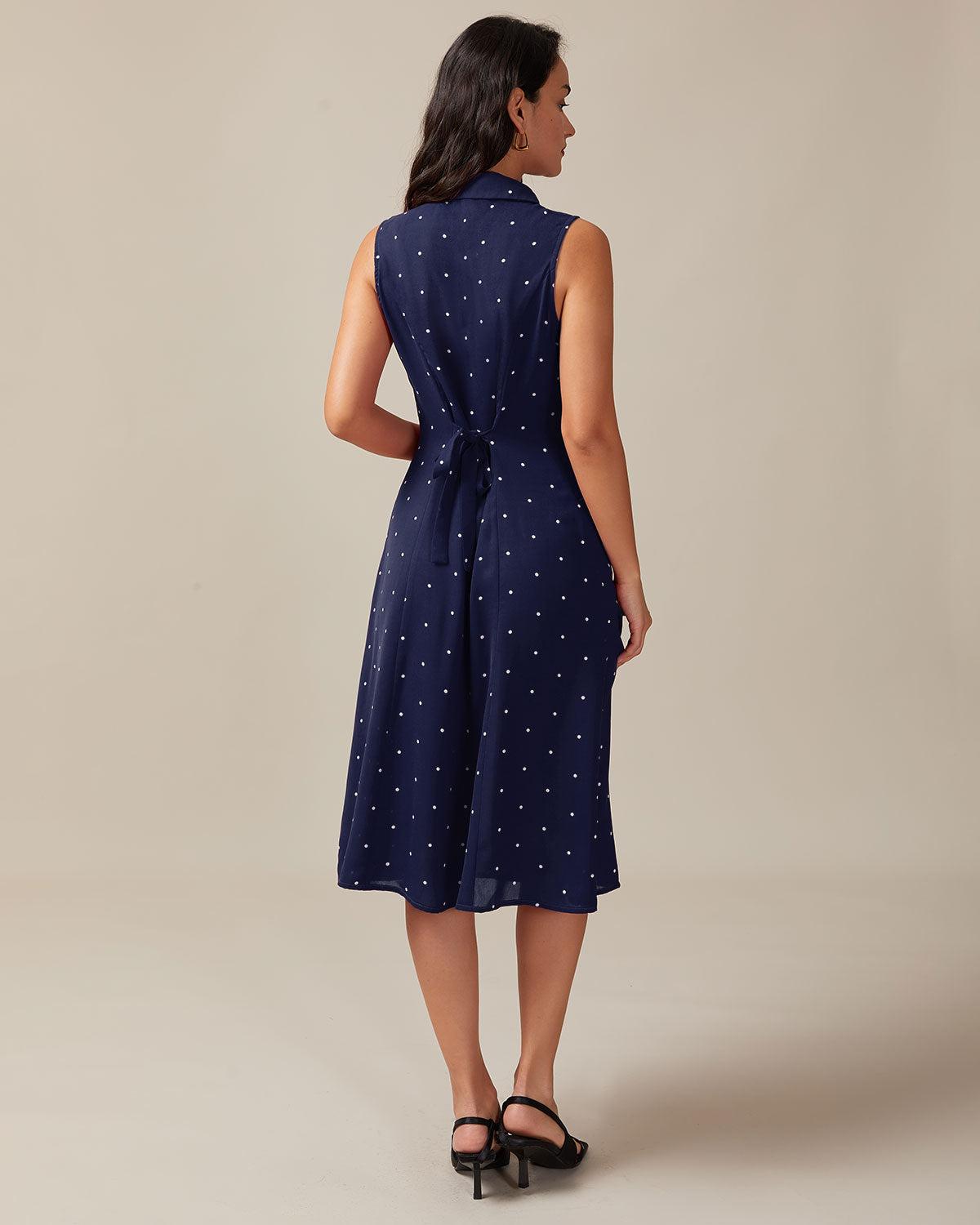 Navy V Neck Polka Dot Tie Back Midi Dress Product Image