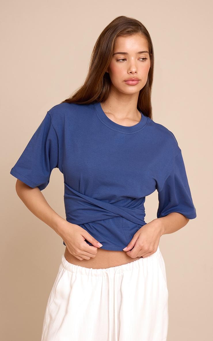Blue Cotton Wrap Front T Shirt Product Image
