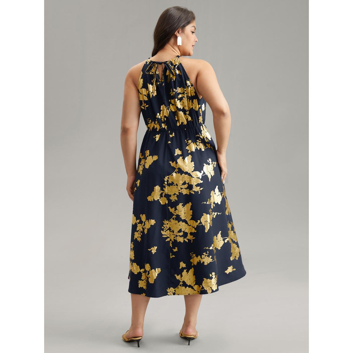 Plus Size Glitter Pocket Halter Keyhole Midi Dress DarkBlue Women Glamour Printed Round Neck Sleeveless Curvy Midi Dress BloomChic 14-16/1X Product Image