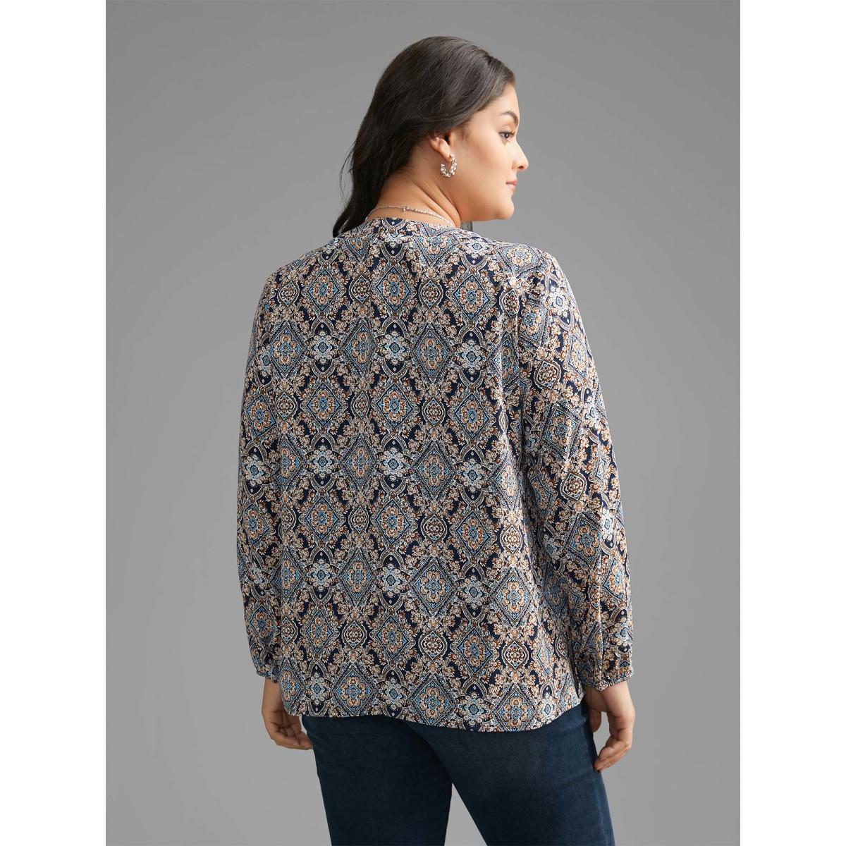 Plus Size Indigo Boho Print Notched Collar Slit Hem Blouse Women Elegant Long Sleeve Notched collar Everyday Blouses BloomChic 18-20/2X Product Image