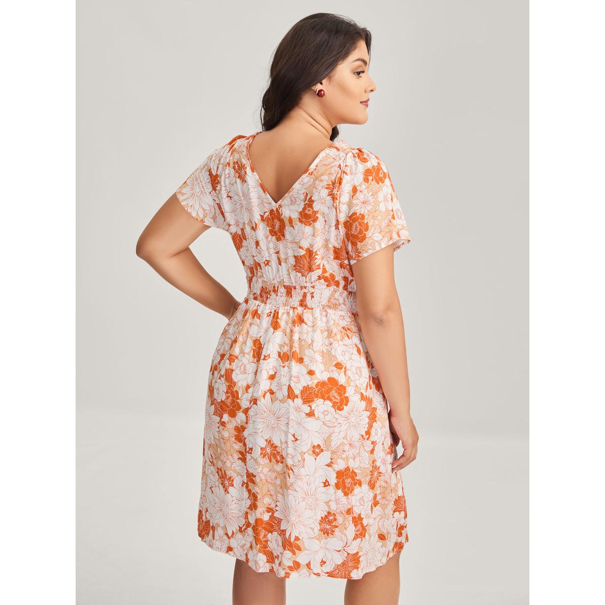 Plus Size Shirred Neck Floral Print Midi Dress Brightorange Women V-neck Cap Sleeve Curvy BloomChic 26/4X Product Image