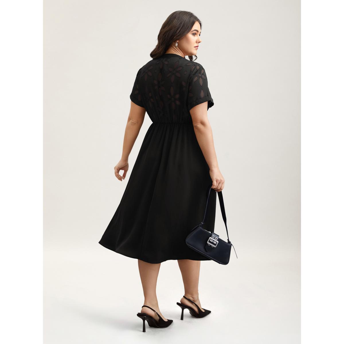 Plus Size Sheer Back Textured Cut-Out Midi Dress Black Women Office Texture Notched collar Short sleeve Curvy BloomChic 14-16/1X Product Image