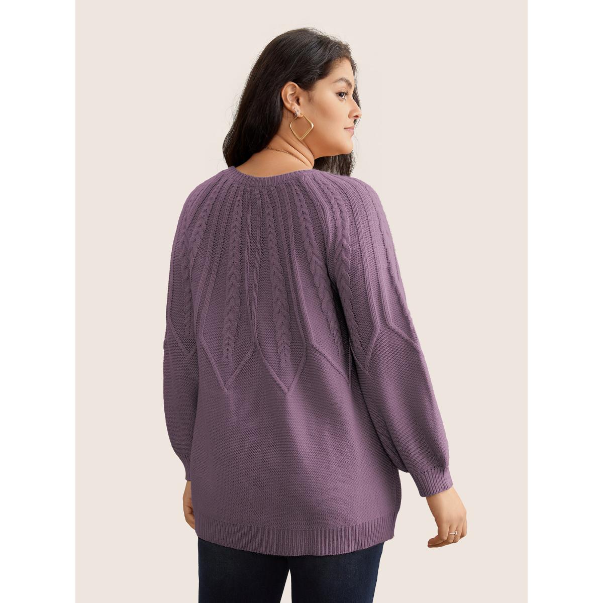Plus Size Solid Textured Lantern Sleeve Pullover Lilac Women Leisure Long Sleeve Round Neck Casual Pullovers BloomChic 12/L Product Image