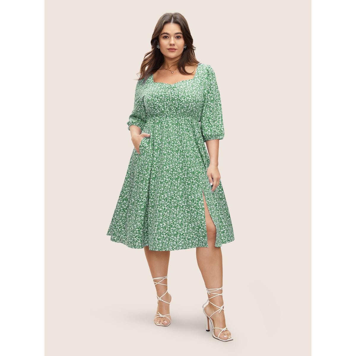 Plus Size Ditsy Floral Print Square Neck Split Hem Dress Emerald Women Elegant Non Square Neck Elbow-length sleeve Curvy Midi Dress BloomChic 14-16/1X Product Image