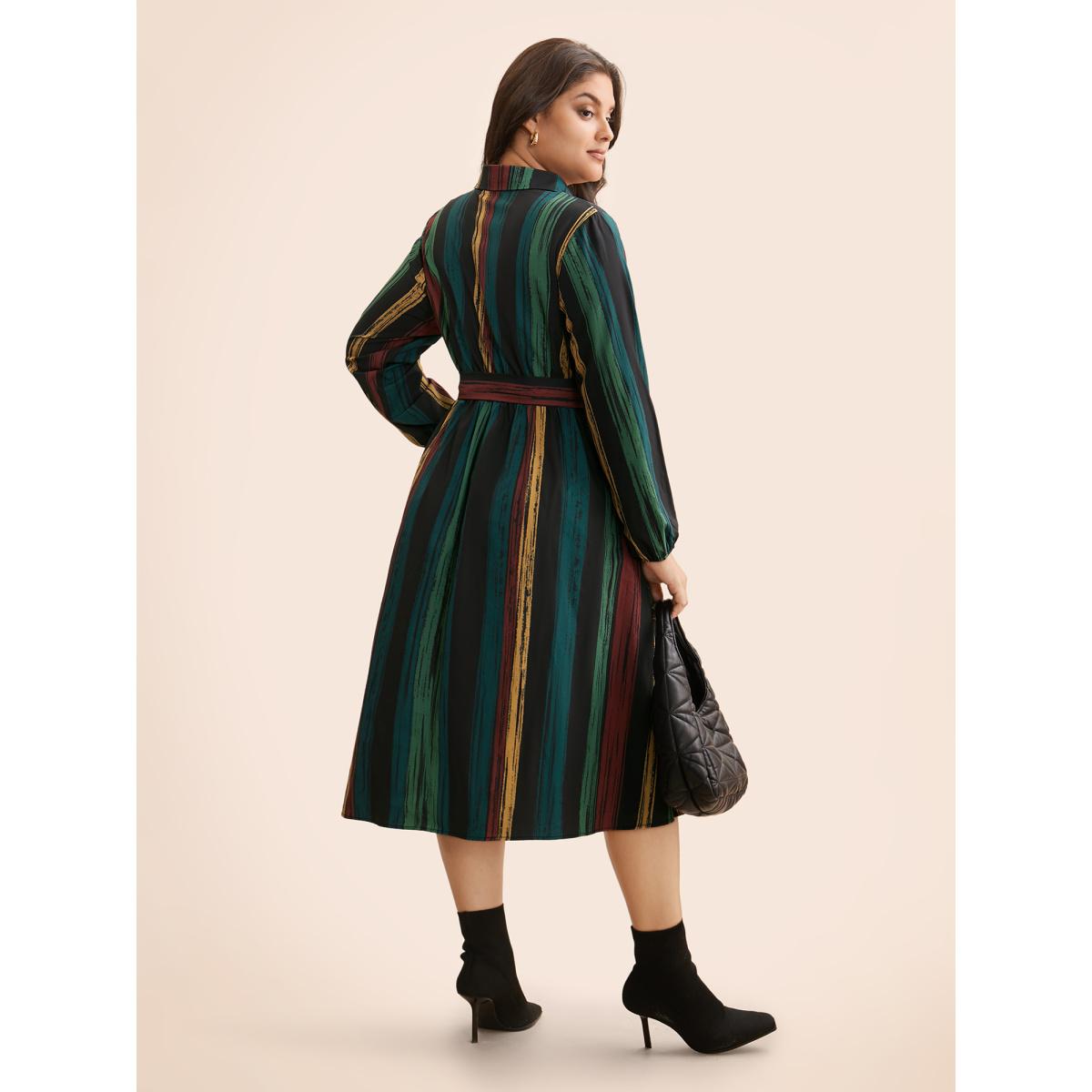 Plus Size Colored Striped Belted Lantern Sleeve Dress Multicolor Women At the Office Belted Knit Dresses Bloomchic 30/6X Product Image