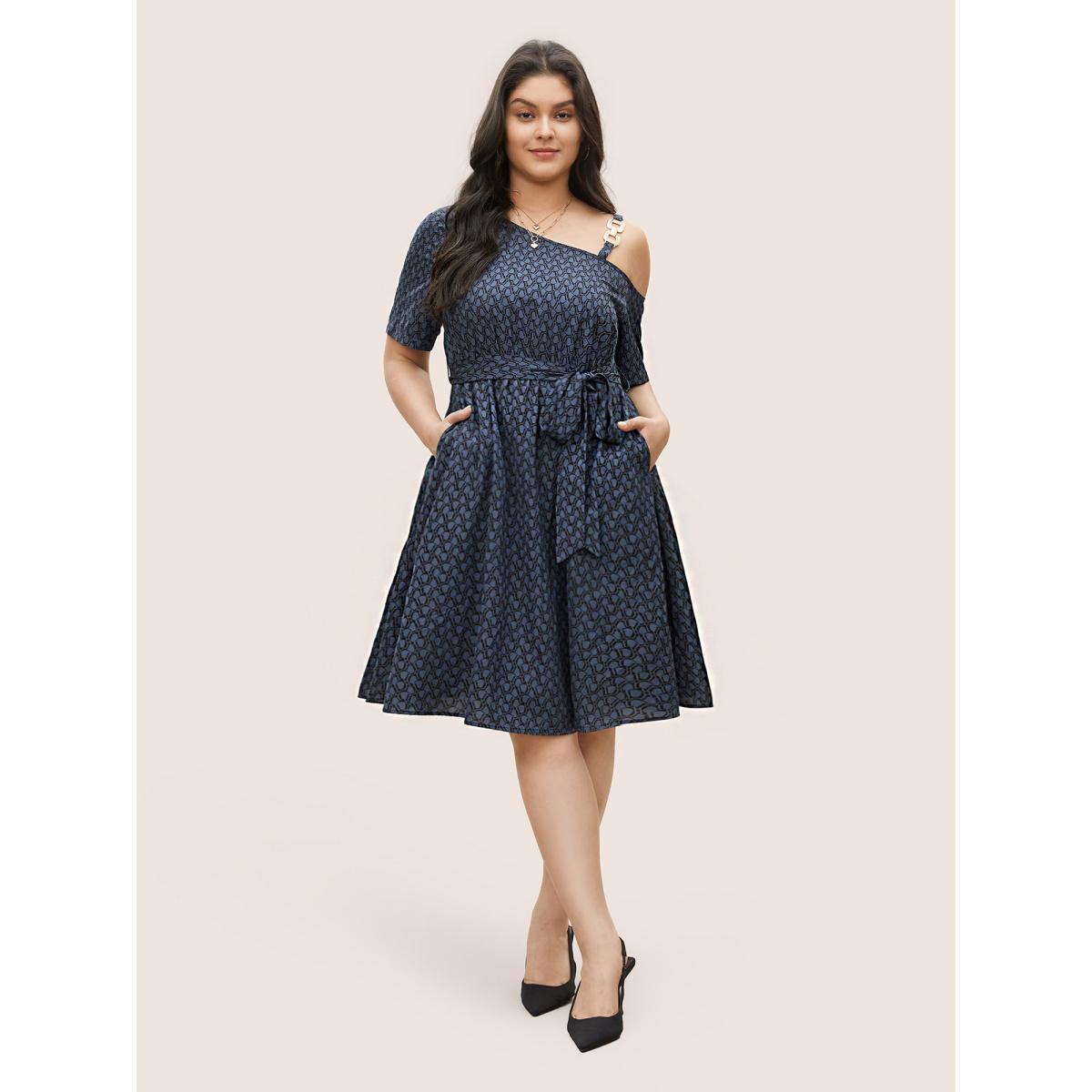 Plus Size Geometric Metal Chain Detail Belted Dress SlateGray Women At the Office Non Non Short sleeve Curvy Knee Dress BloomChic 14-16/1X Product Image