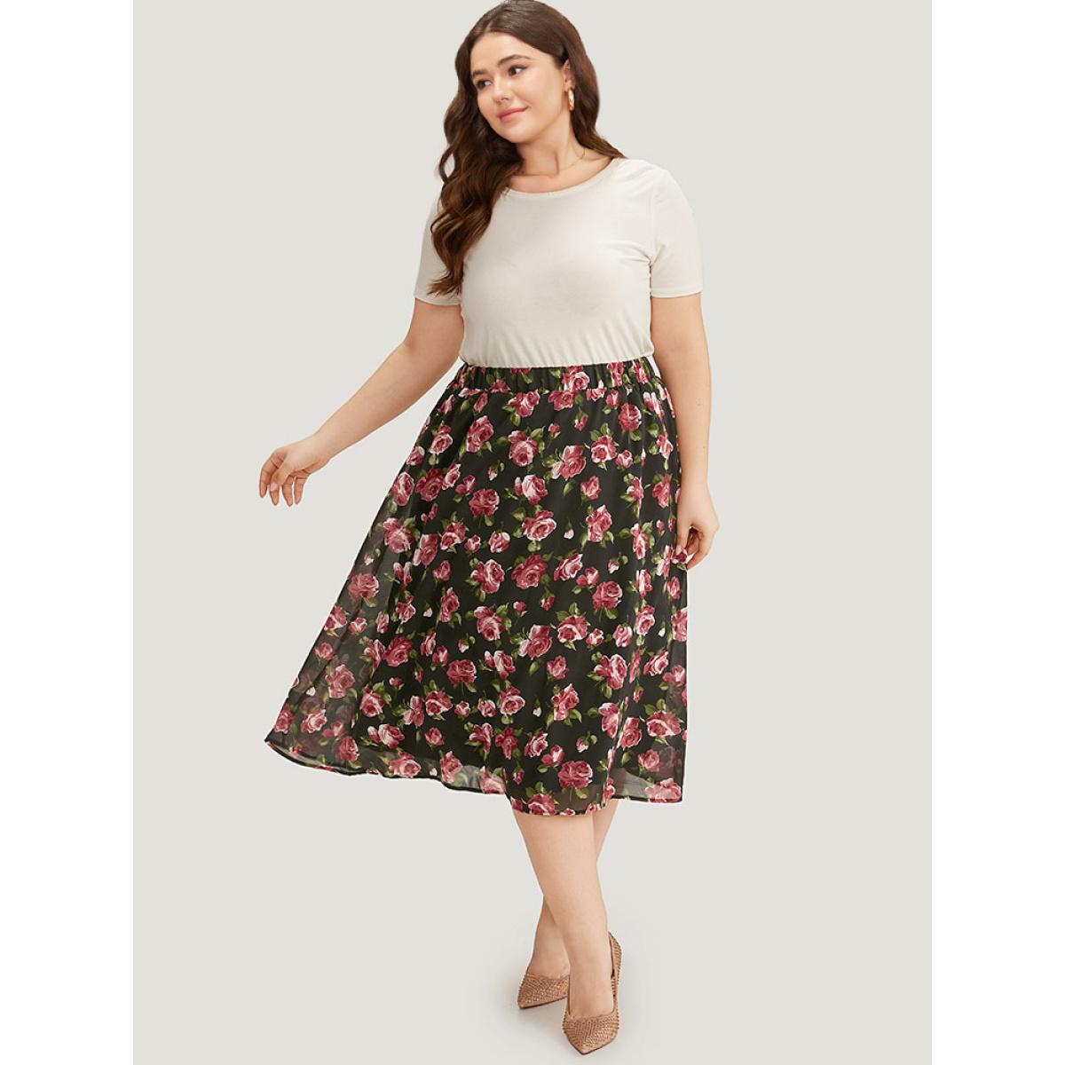 Plus Size Floral Print Mesh Elastic Waist Skirt Women Black Elegant Lined No stretch Dailywear Skirts BloomChic 18-20/2X Product Image