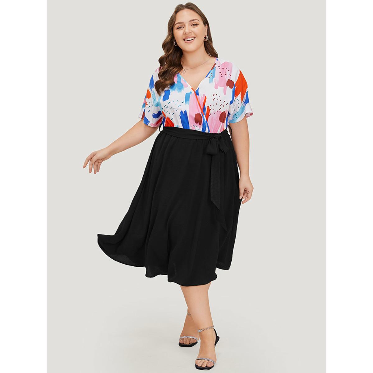 Plus Size Brush Print Surplice Neck Belted Patchwork Flutter Dress Black Women Office Wrap V-neck Short sleeve Curvy Midi Dress BloomChic 28/5X Product Image