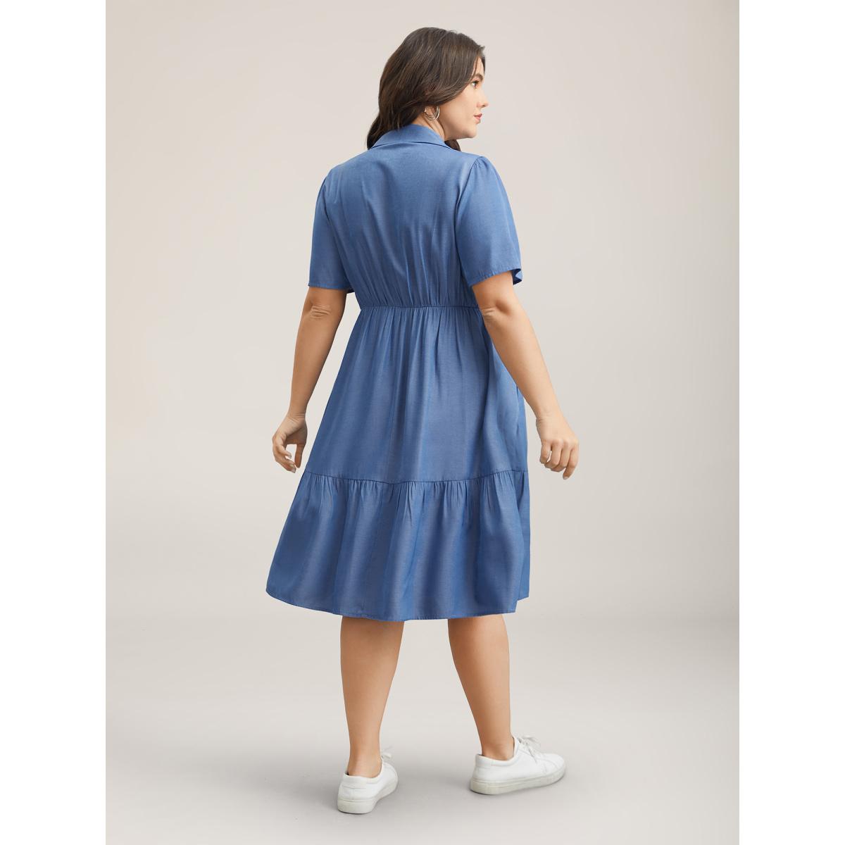 Plus Size Fake Denim Stretchy-Waist Placket Midi Dress LightBlue Women Casual Button Shirt collar Short sleeve Curvy BloomChic 10/M Product Image
