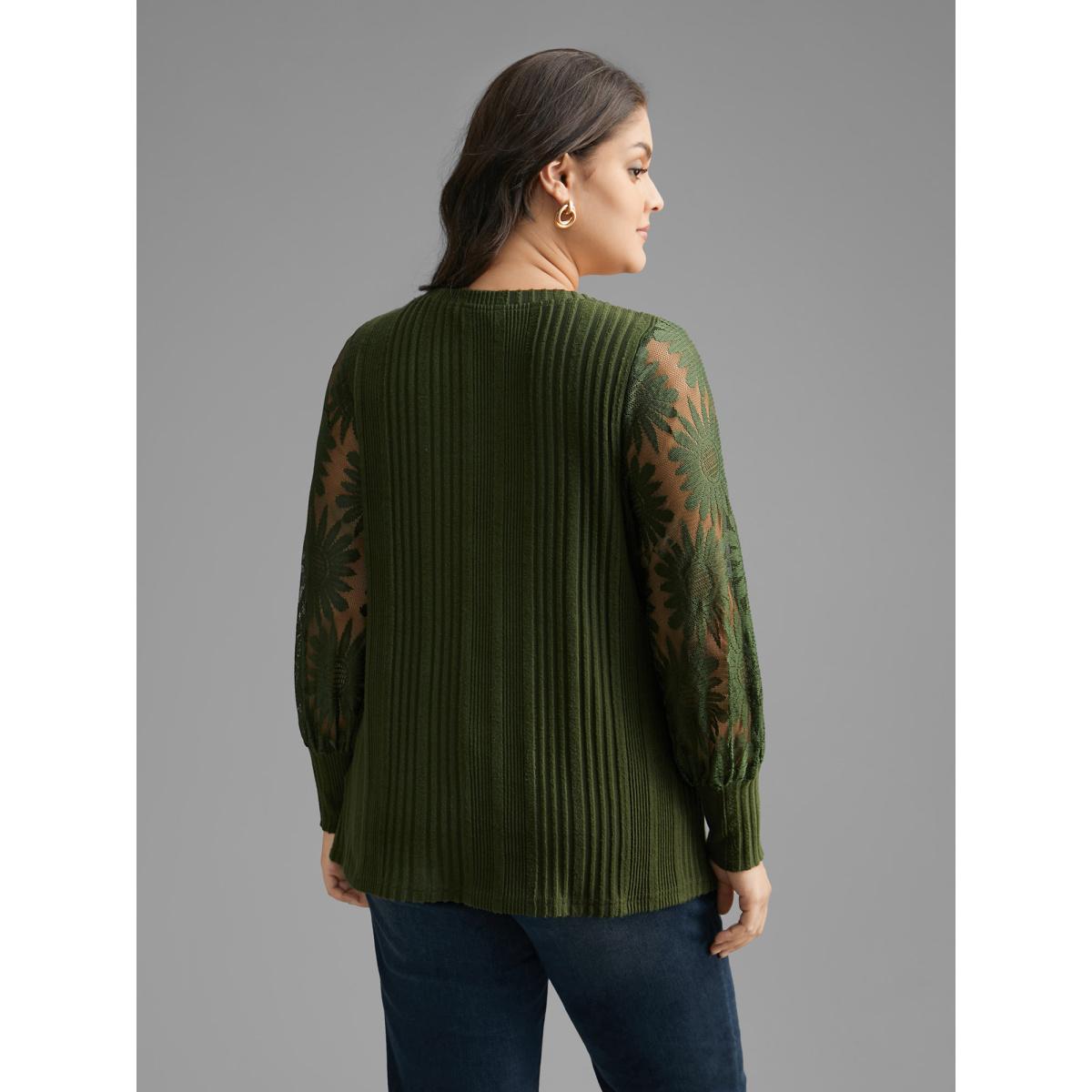 Plus Size Texture Lace Patchwork Mesh T-shirt DarkGreen Women Elegant Texture Round Neck Everyday T-shirts BloomChic 12/L Product Image
