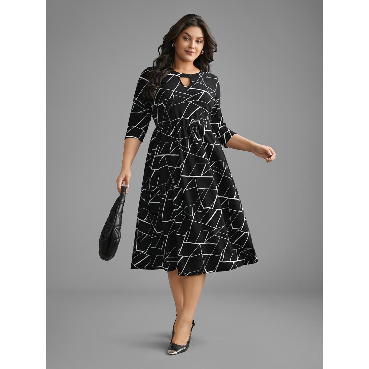 Plus Size Geometric Keyhole Elastic Waist Midi Dress Black Women At the Office Distressed Round Neck Elbow-length sleeve Curvy BloomChic 26/4X Product Image