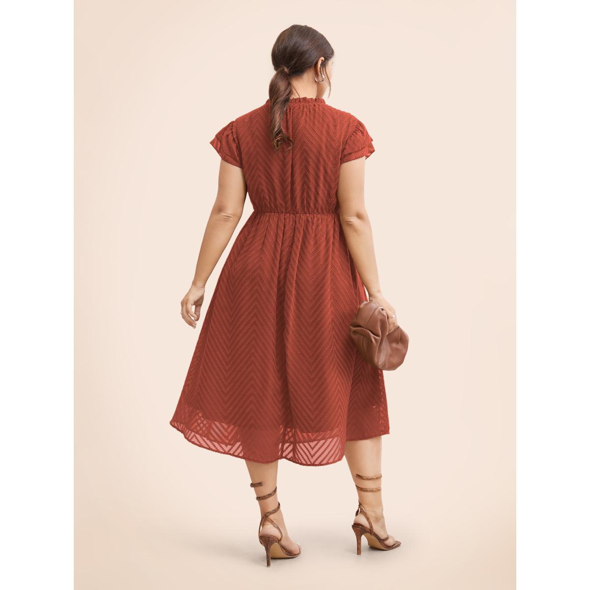 Plus Size Plain Geometric Layered Sleeve Pocket Ruffle Mock Neck Dress Russet Women Office See through Round Neck Cap Sleeve Curvy Midi Dress BloomChic 18-20/2X Product Image