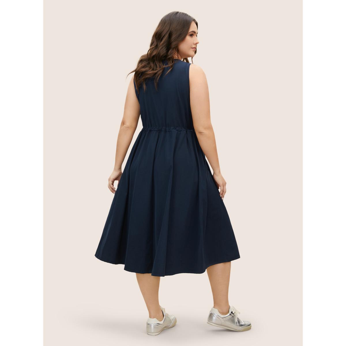 Plus Size Solid Zip Front Patch Pocket Sleevless Dress DarkBlue Women Casual Drawstring V-neck Sleeveless Curvy BloomChic 28/5X Product Image