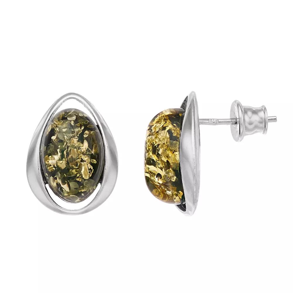 Sterling Silver Green Amber Oval Stud Earrings, Women's Product Image