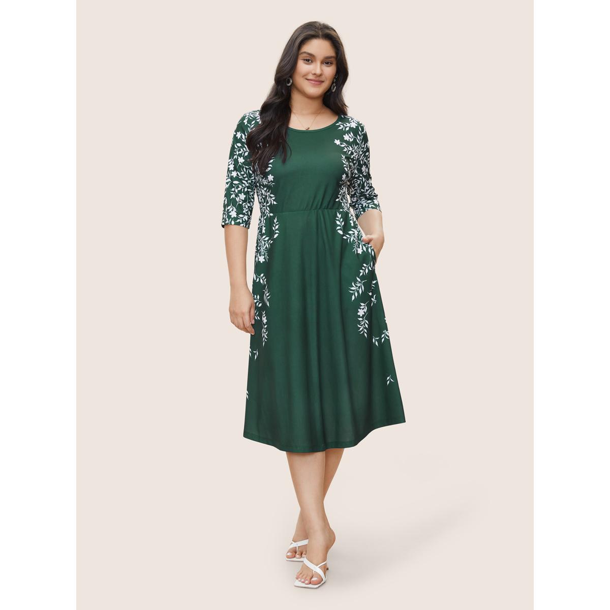 Plus Size Silhouette Floral Print Pocket Elastic Waist Dress Green Women Elegant Non Round Neck Elbow-length sleeve Curvy Midi Dress BloomChic 30/6X Product Image