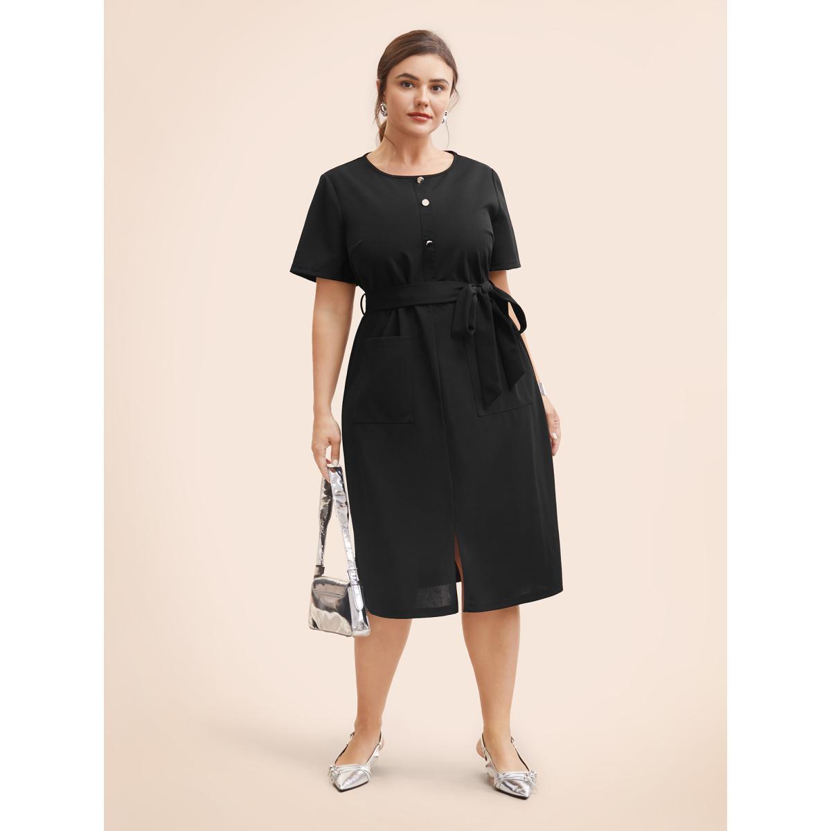 Plus Size Crew Neck Metal Button Detail Belted Dress Black Women At the Office Belted Round Neck Short sleeve Curvy BloomChic 30/6X Product Image