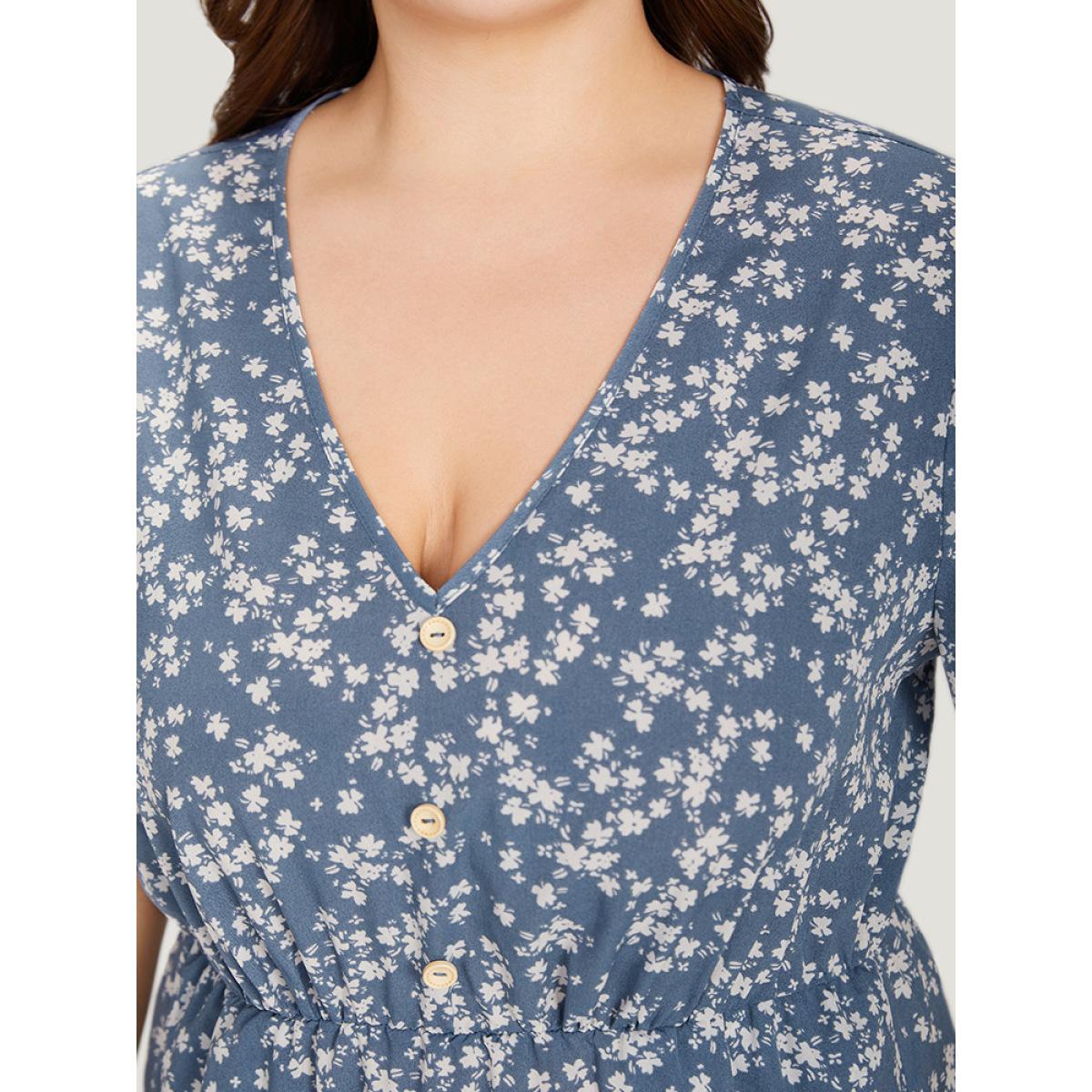 Plus Size Ditsy Floral Elastic Waist Button Detail Pocket Ruffles Dress LightBlue Women Elegant V-neck Short sleeve Curvy Midi Dress BloomChic 28/5X Product Image