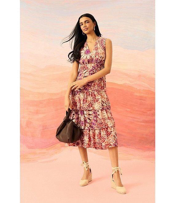 The Good Journey V-Neck Sleeveless Printed Gauze Tiered Ruffle Midi Dress Product Image