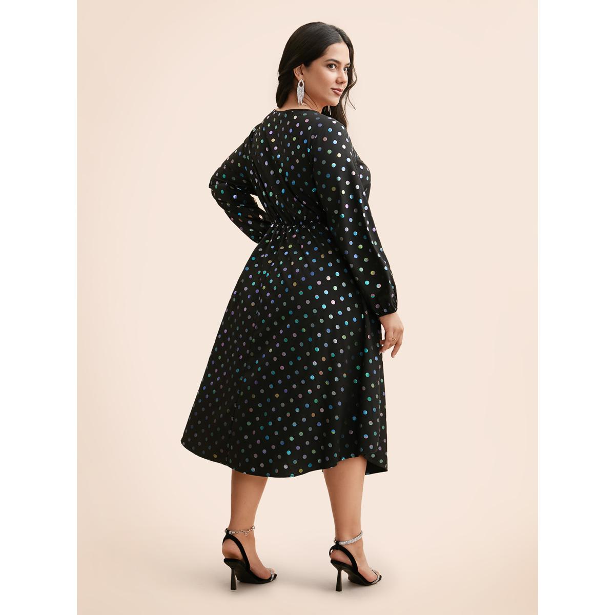 Plus Size Glitter Polka Dot Lantern Sleeve Dress Black Women Cocktail Texture Party Curvy Bloomchic 12/L Product Image