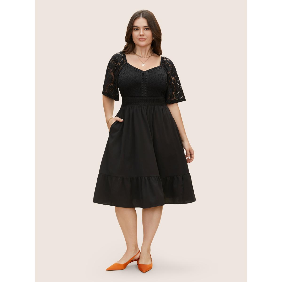 Plus Size Crochet Lace Heart Neckline Patchwork Shirred Dress Black Women Elegant Woven ribbon&lace trim Heart neckline Short sleeve Curvy BloomChic 14-16/1X Product Image