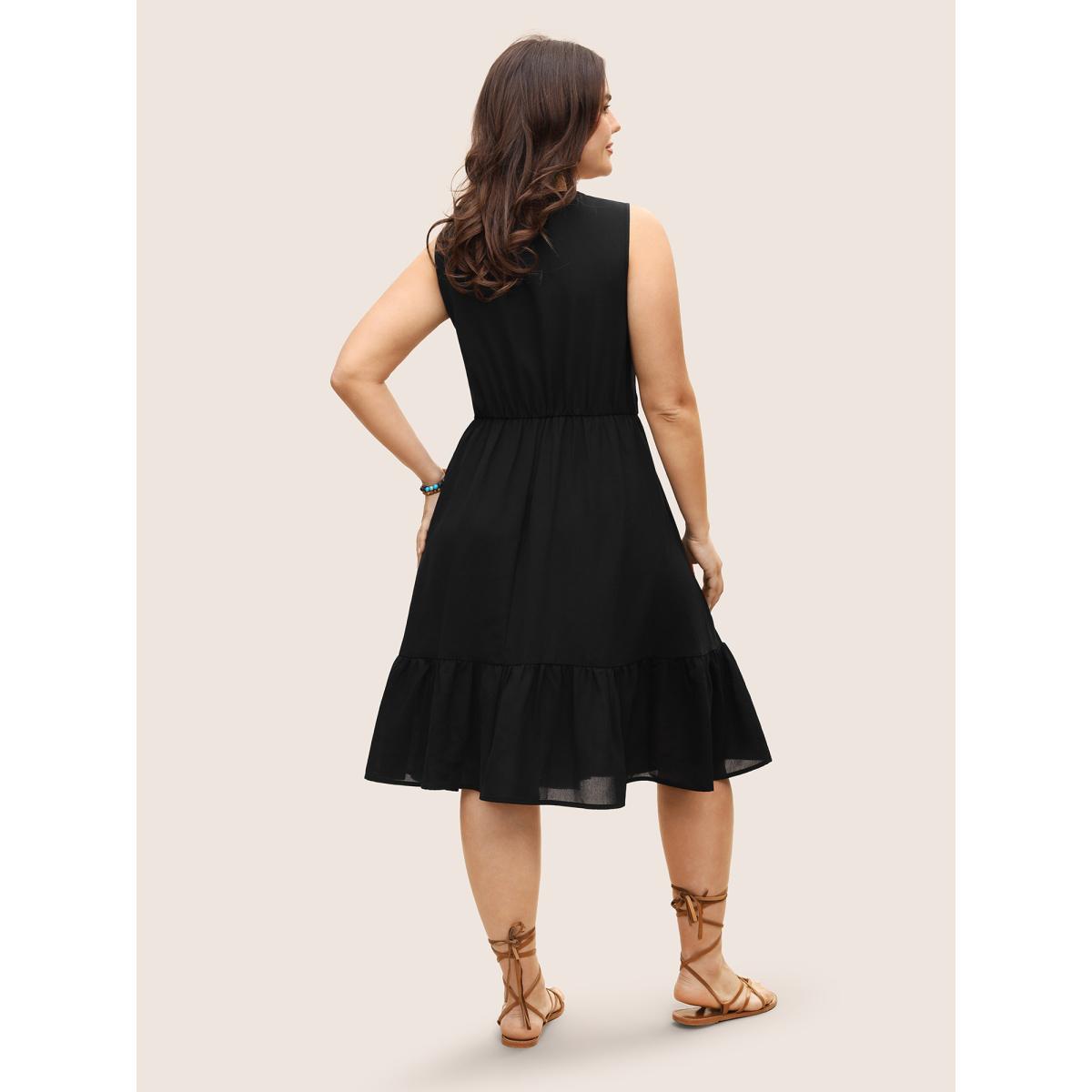 Plus Size Lace Panel Tassel Trim Mesh Tank Dress Black Women Resort Woven ribbon&lace trim Flat collar with V-notch Sleeveless Curvy BloomChic 18-20/2X Product Image