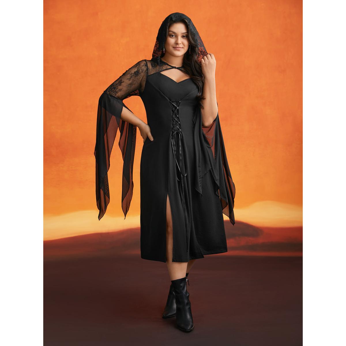 Plus Size Dark Spell Veiled Lace Midi Dress Black Women Cocktail Wraparound straps Round Neck Extra Long Sleeve Curvy BloomChic 22-24/3X Product Image