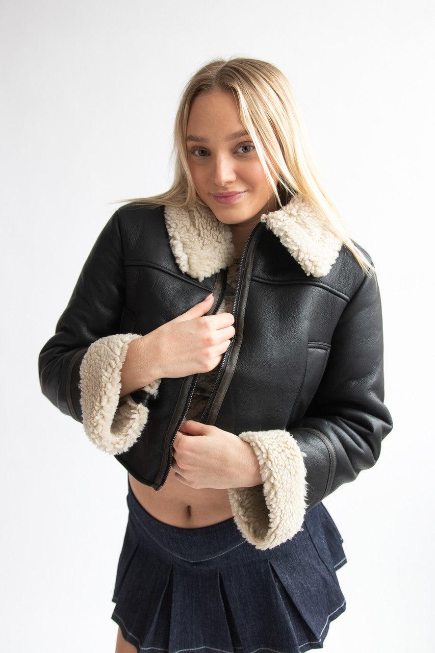 Faux Fur Lined Pleather Bomber Jacket Product Image