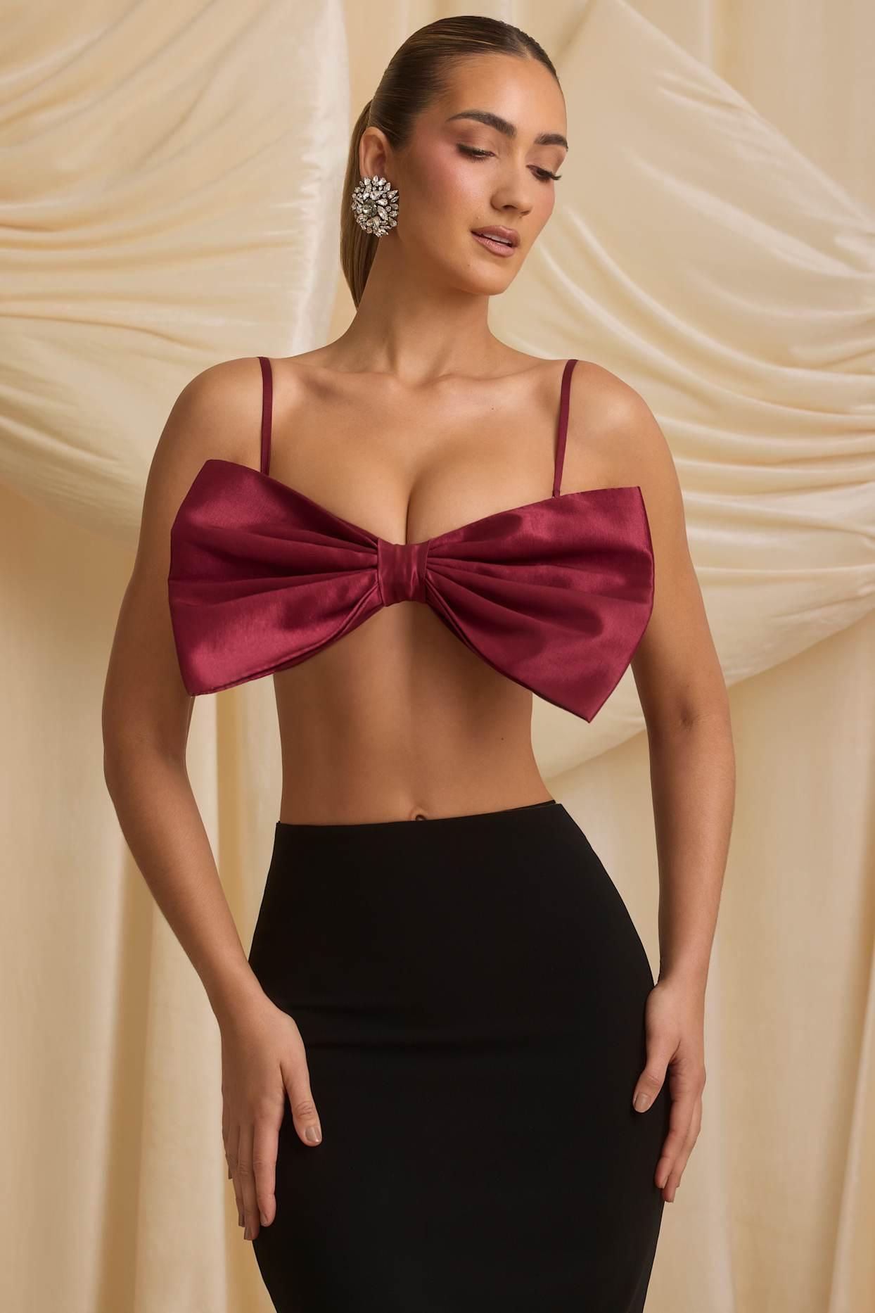 Strapless Bow Crop Top in Wine Red Product Image