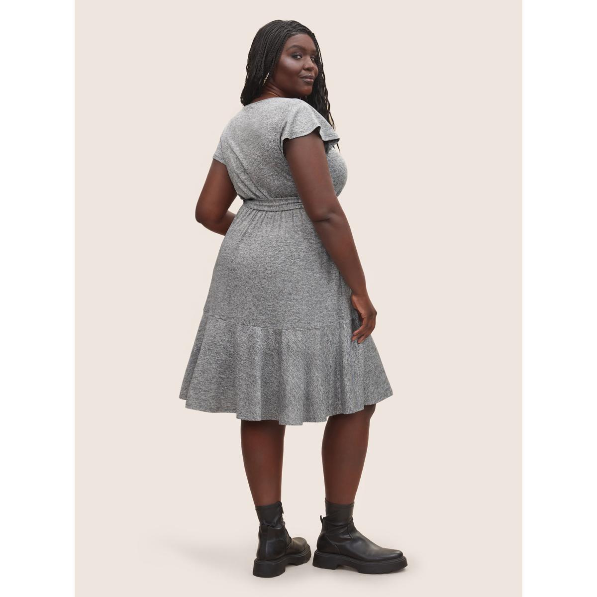 Plus Size Solid Patchwork Ruffle Cap Sleeve Belted Dress Gray Women Basics Belted Round Neck Cap Sleeve Curvy Midi Dress BloomChic 12/L Product Image