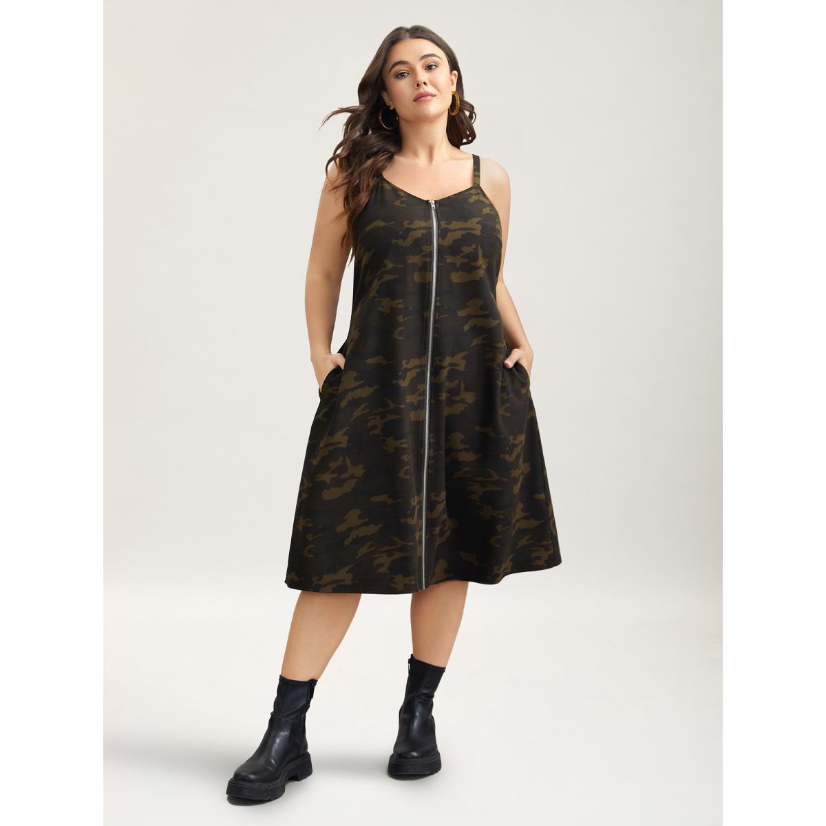 Plus Size Camouflage Print Zipper Front Adjustable Midi Dress ArmyGreen Women Casual Non Non Sleeveless Curvy BloomChic 28/5X Product Image