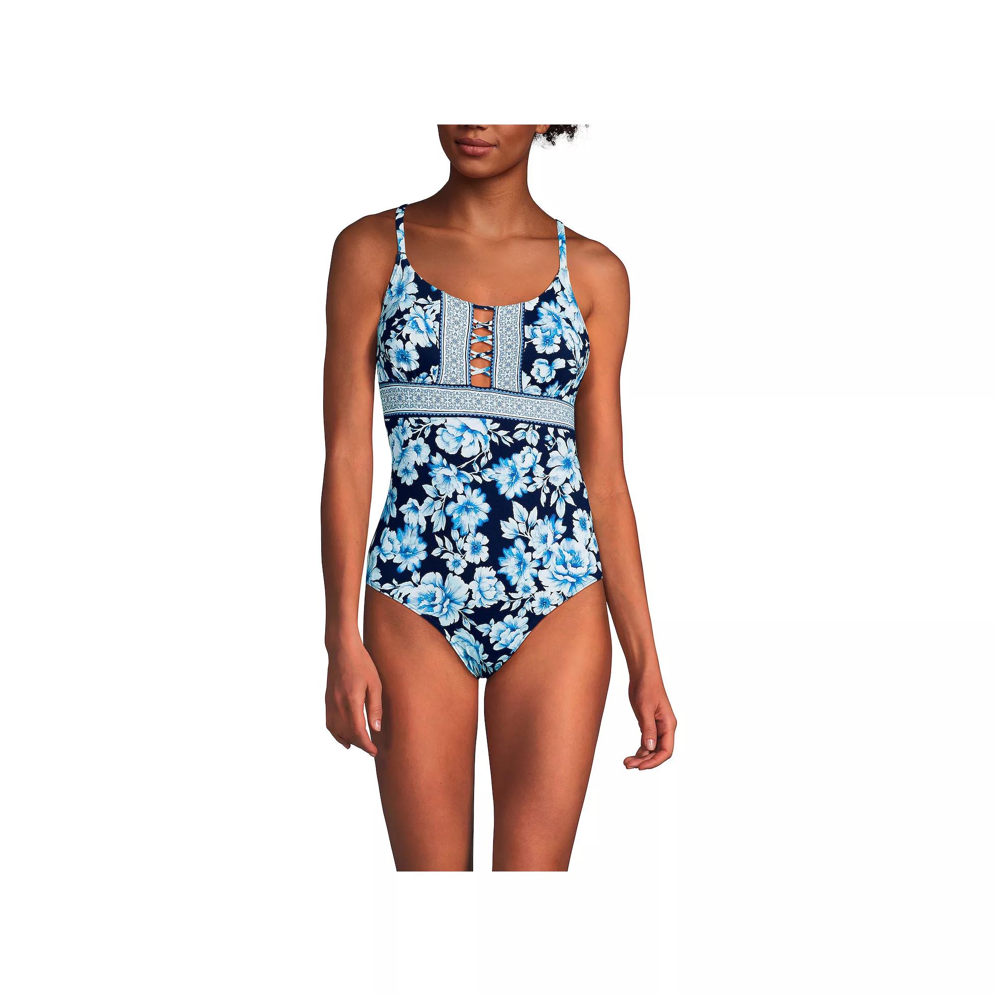 Women's Lands' End Front Lace-Up Scoopneck One-Piece Swimsuit,  Product Image
