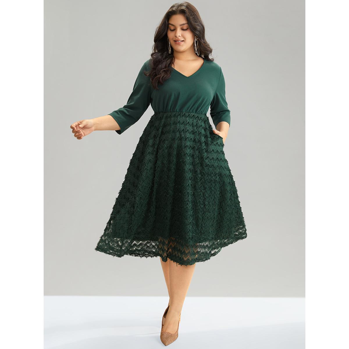 Plus Size Plain Texture Mesh Patchwork Elastic Waist Dress DarkGreen Women Glamour Texture V-neck Elbow-length sleeve Curvy Midi Dress BloomChic 14-16/1X Product Image