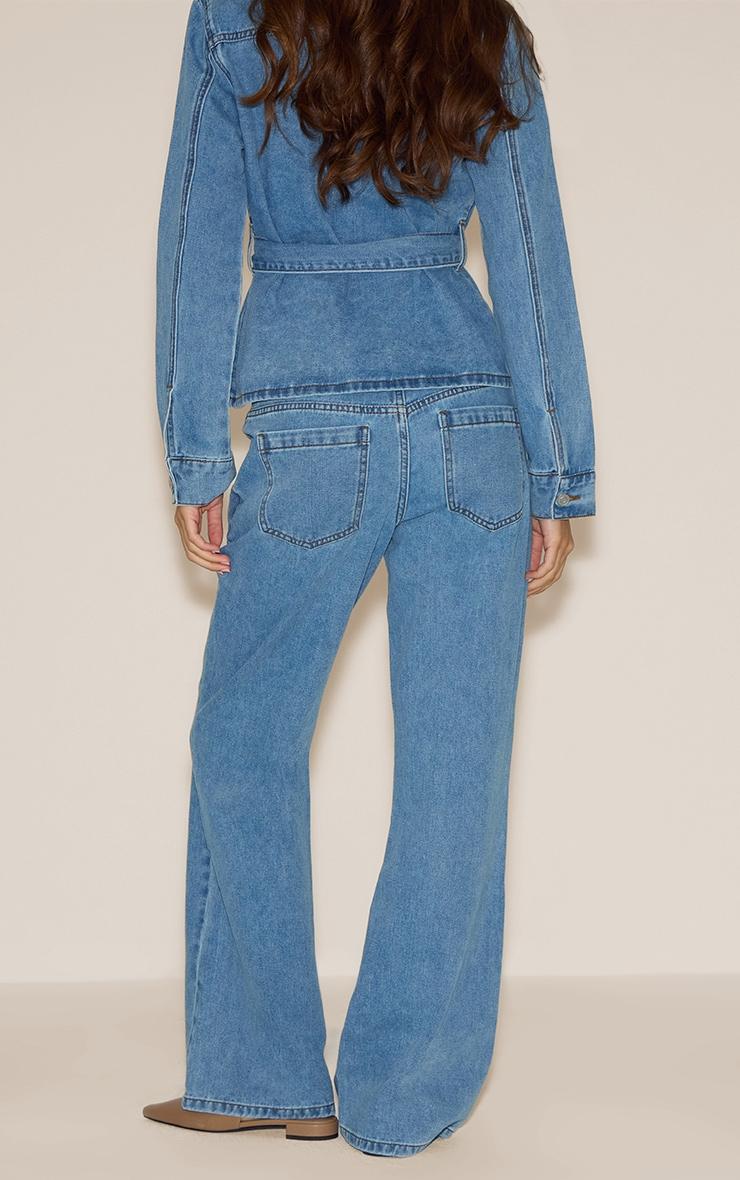 Light Blue Mid Waist Contrast Stitch Flared Jeans Product Image