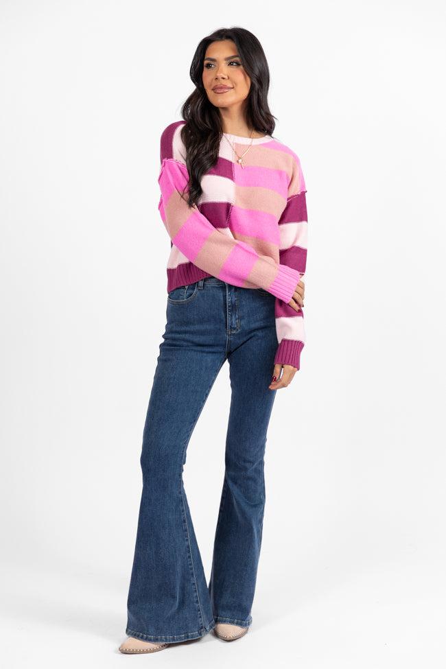 Take Your Time Pink and Berry Multi Color Block Striped Crop Sweater FINAL SALE Product Image