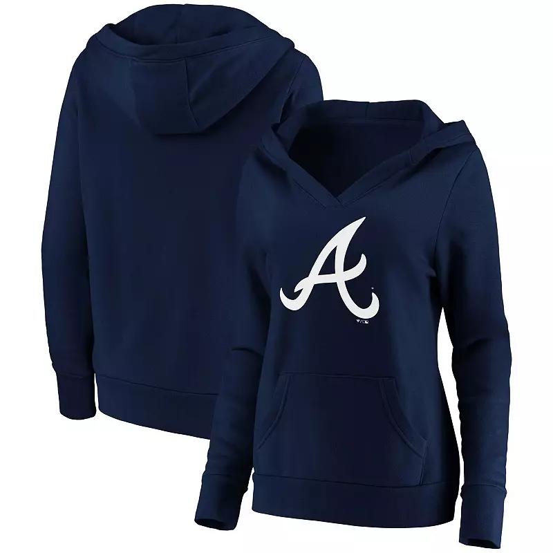 Women's Fanatics Branded Navy Atlanta Braves Official Logo Crossover V-Neck Pullover Hoodie,  Product Image