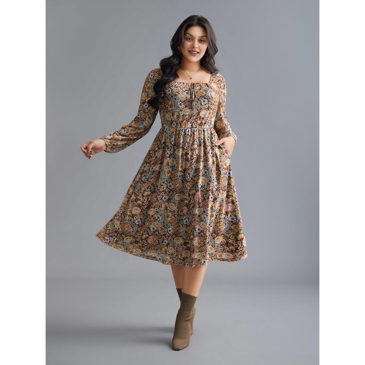 Plus Size Square Neck Floral Ties Midi Dress Browncoffeecolor Women Elegant Tie knot Knit Dresses Bloomchic 14-16/1X Product Image