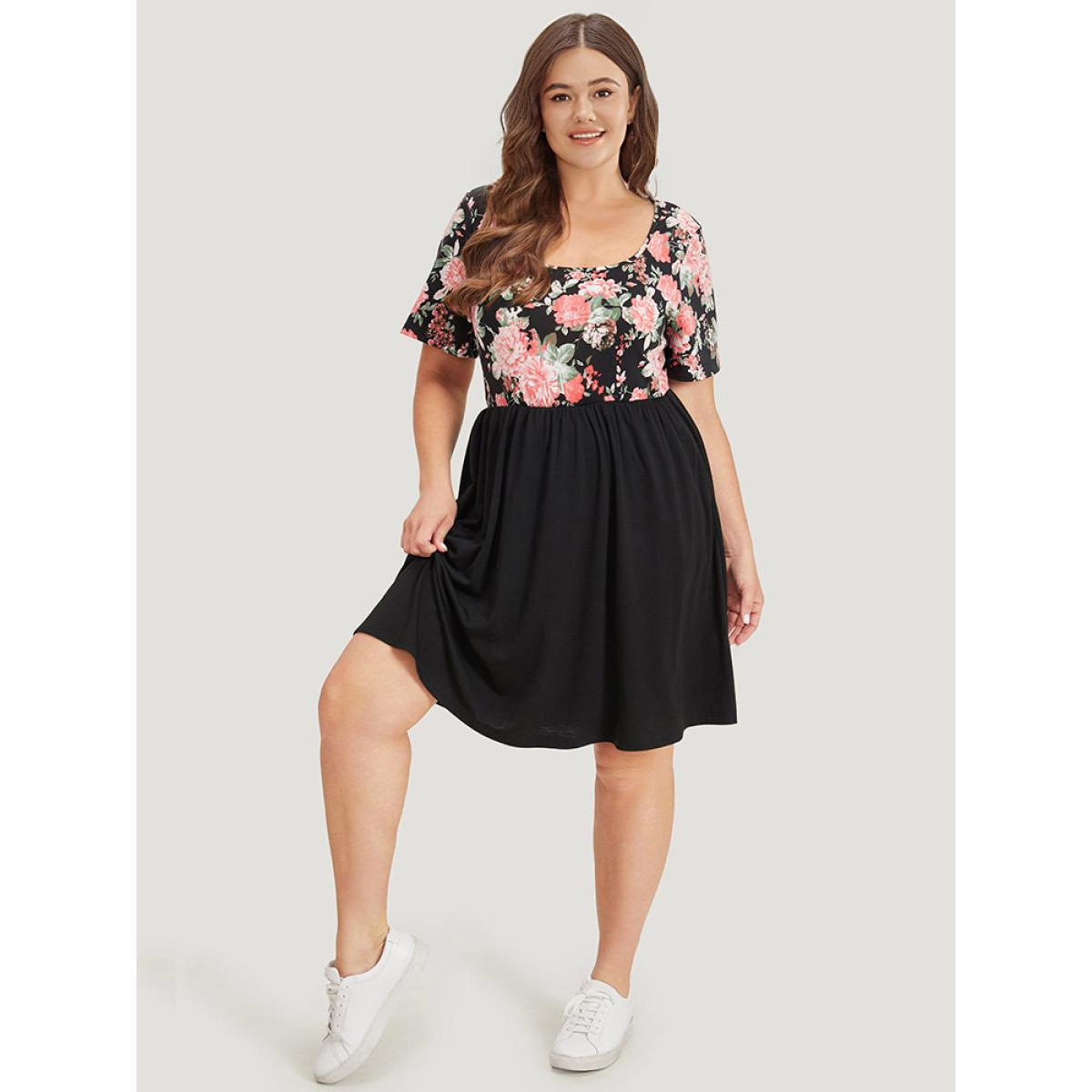 Plus Size Supersoft Essentials Floral Print Patchwork Square Neck Dress Black Women Casual Contrast Square Neck Short sleeve Curvy Knee Dress BloomChic 30/6X Product Image