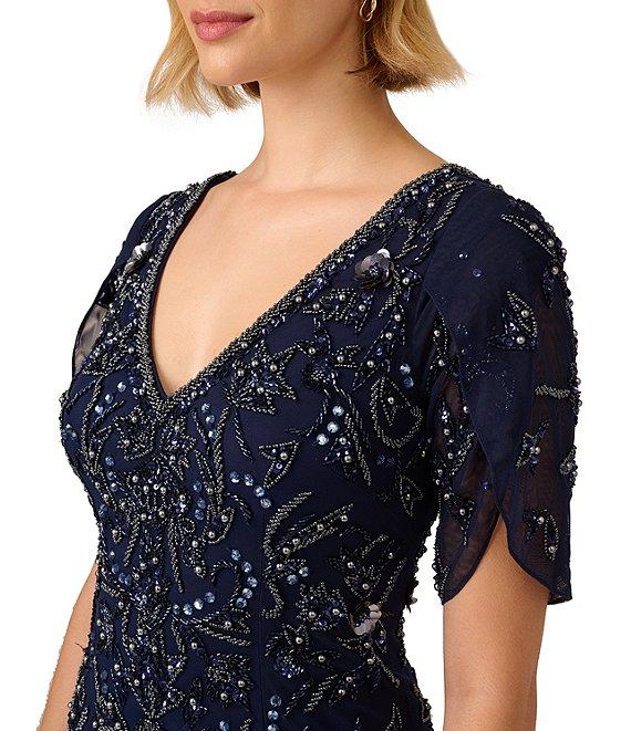 Adrianna Papell Beaded V-Neck 3/4 Petal Sleeve Mermaid Gown Product Image