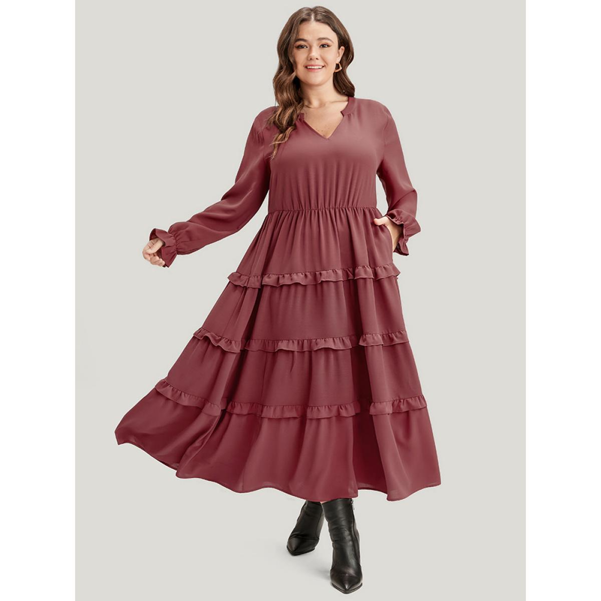 Plus Size Solid Lantern Sleeve Pocket Ruffle Hem Dress Russet Women Elegant V-neck Long Sleeve Curvy Long Dress BloomChic 12/L Product Image