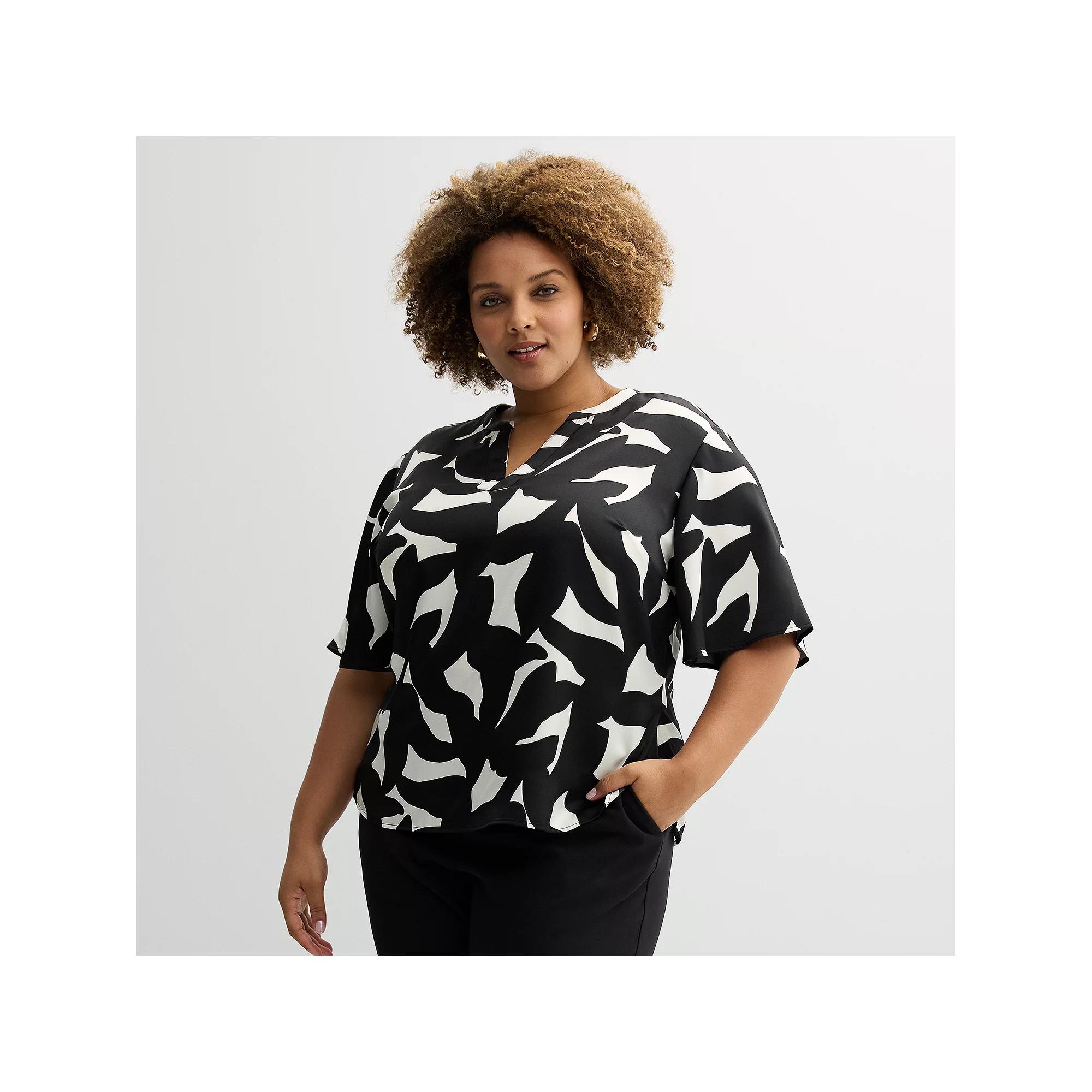 Plus Size Nine West Elbow Sleeve Popover, Women's, Size: 0X, Black Bold Leaf Product Image
