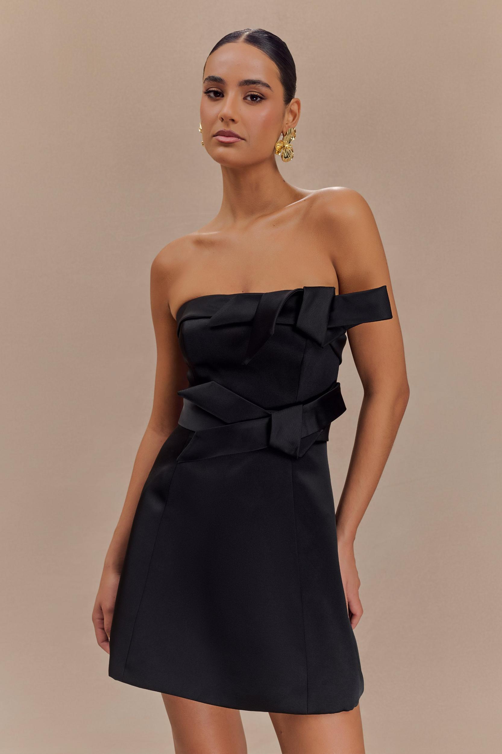 Tatiana Satin Strapless Bow Mini Dress - Black Product Image